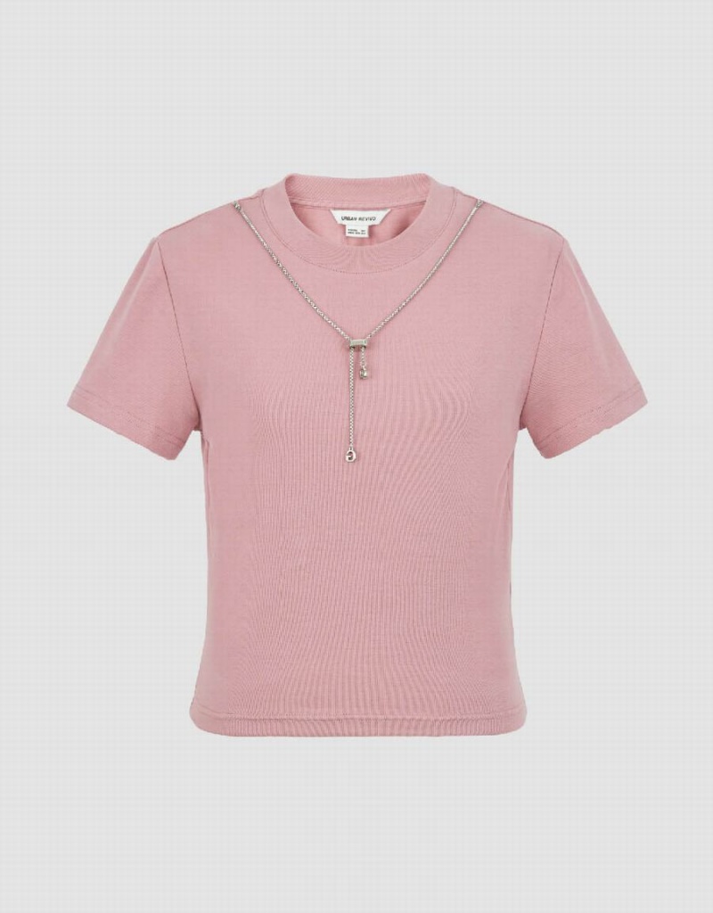 Urban Revivo Crew Neck Sıska With Necklace Kadın Tişört Pembe | PKQ3633QI