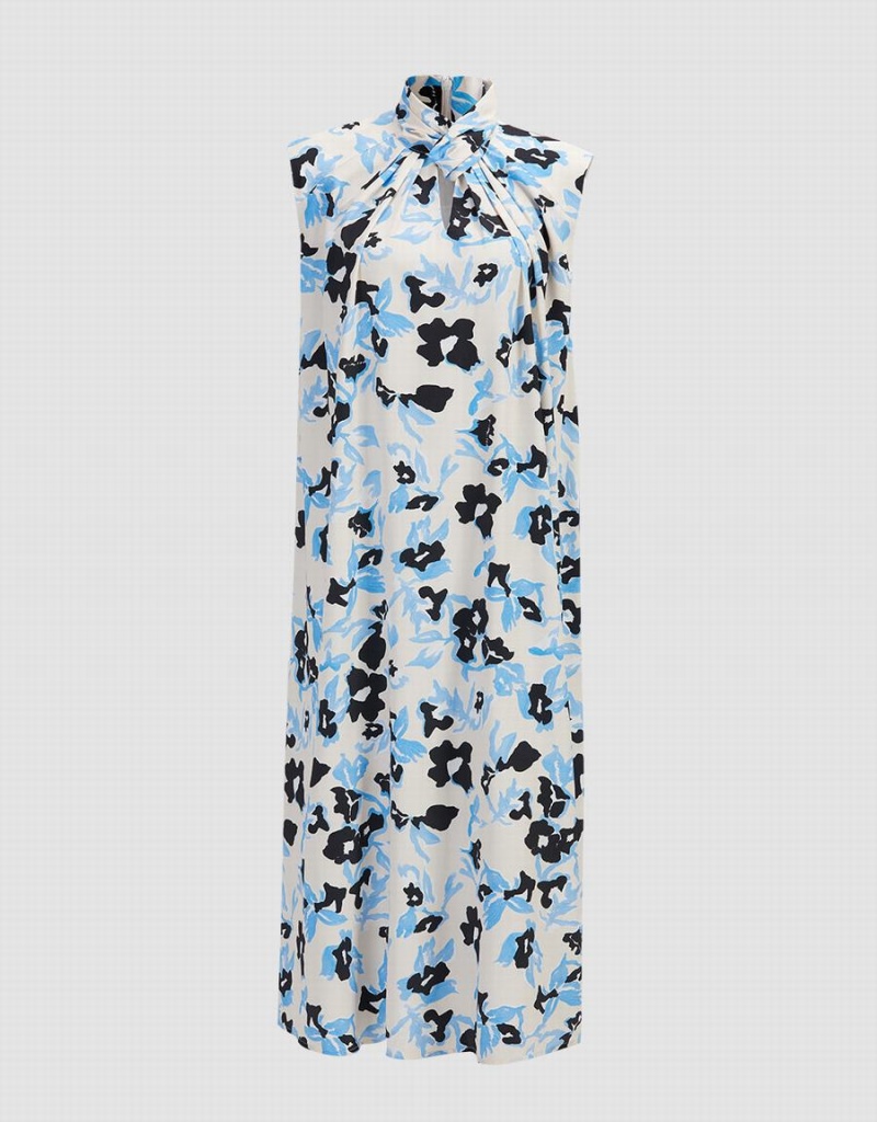 Urban Revivo Cut Out Floral Print Kolsuz Kadın Elbise Mavi | NIM4973CH