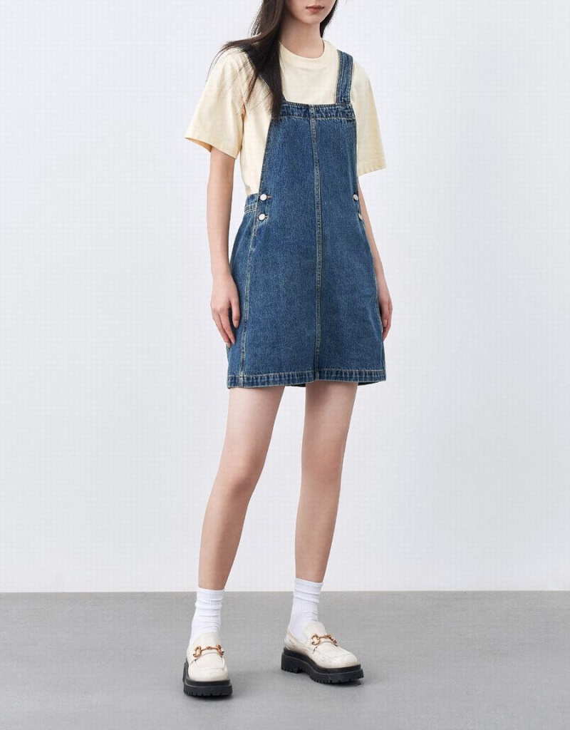 Urban Revivo Denim Pinafore Kadın Elbise Mavi | TPX9570YY