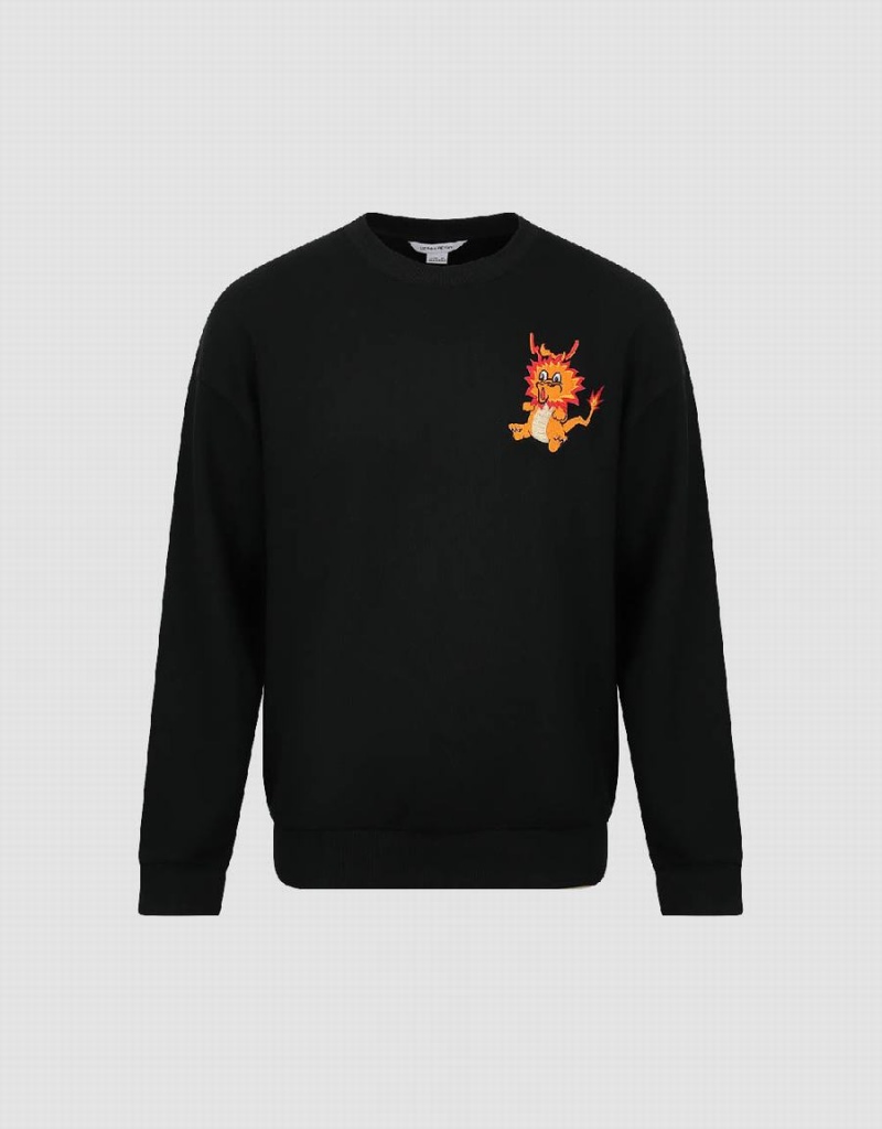 Urban Revivo Dragon Embossed Crew Neck Erkek Tişörtü Siyah | FLF861XP