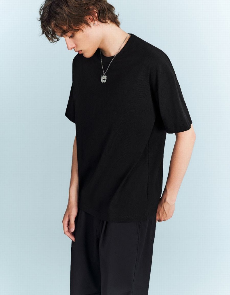 Urban Revivo Drop Shoulder Sleeve Crew Neck Erkek Tişört Siyah | XZB2546BD