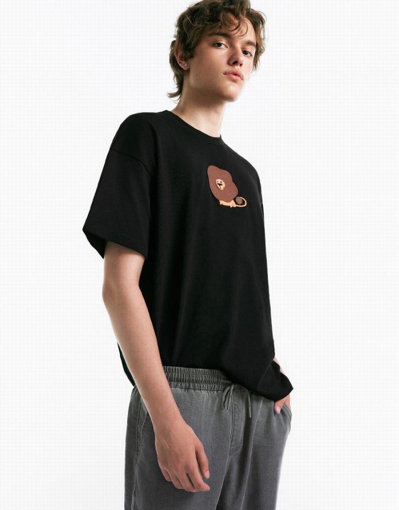 Urban Revivo Drop Shoulder Sleeve Crew Neck Erkek Tişört Siyah | LWS468LZ