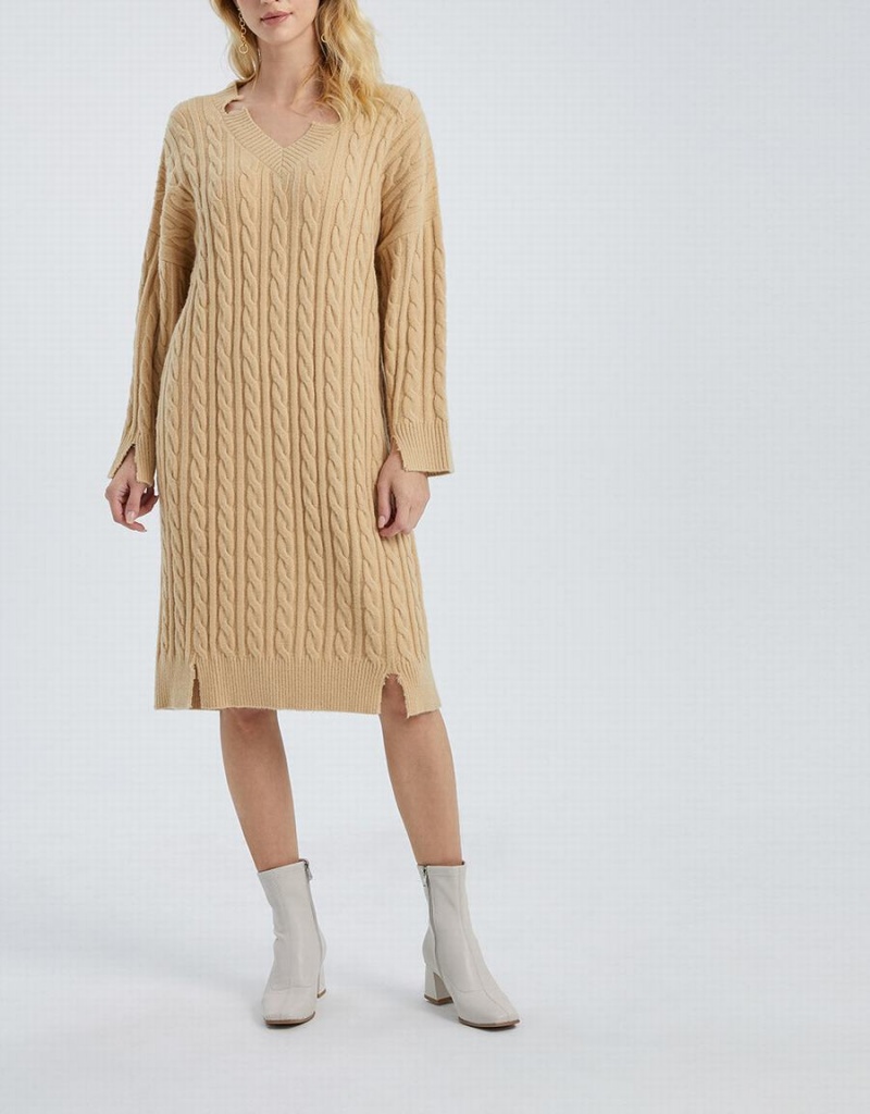 Urban Revivo Drop Shoulder Cable Knit Kadın Elbise Haki | YKR6942BR