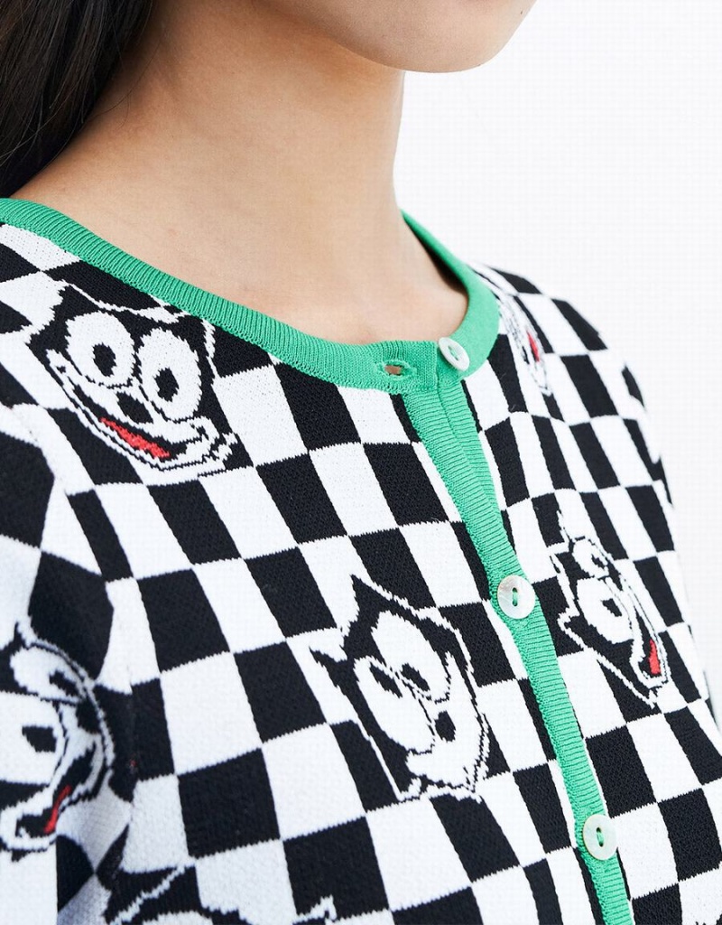 Urban Revivo Felix The Cat Checkered Kısa Sleeve Kadın Hırka Siyah Beyaz | SVM743WG