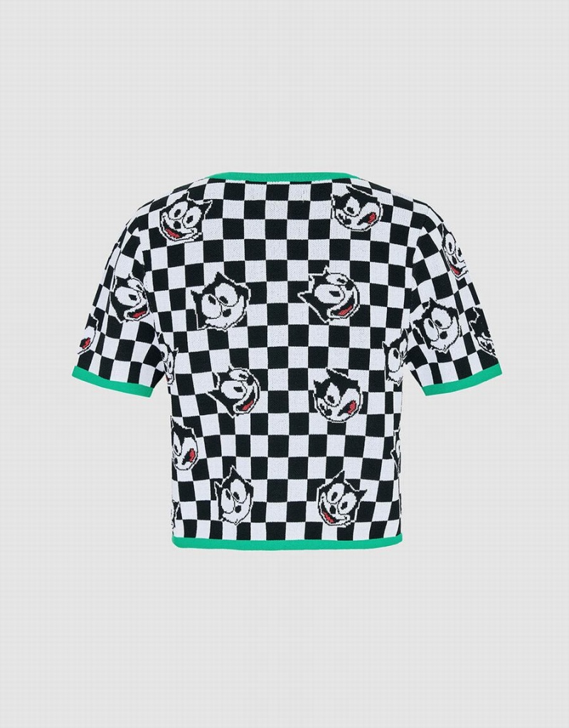 Urban Revivo Felix The Cat Checkered Kısa Sleeve Kadın Hırka Siyah Beyaz | SVM743WG