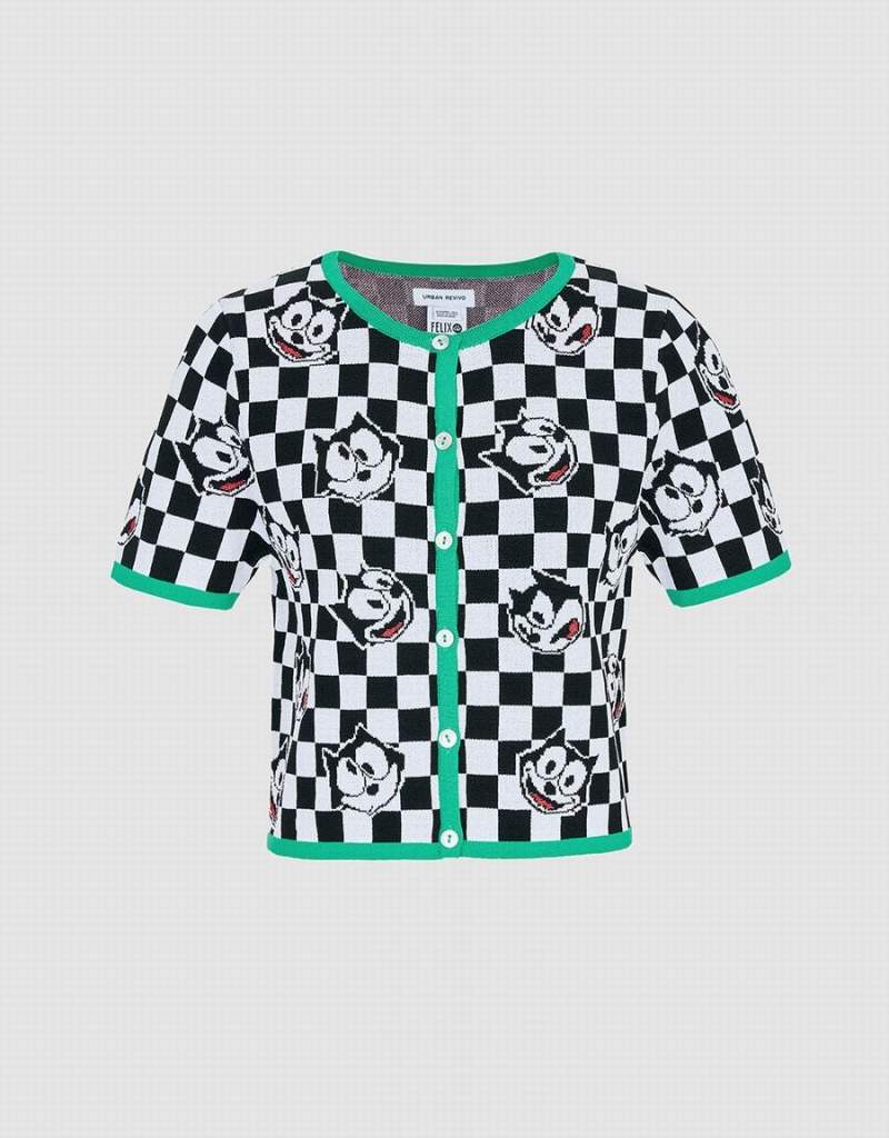 Urban Revivo Felix The Cat Checkered Kısa Sleeve Kadın Hırka Siyah Beyaz | SVM743WG