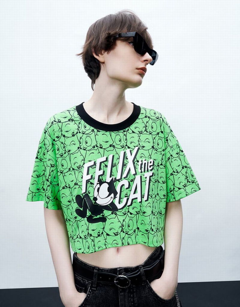 Urban Revivo Felix The Cat Printed Crew Neck Kadın Tişört Yeşil | CAI7771RN