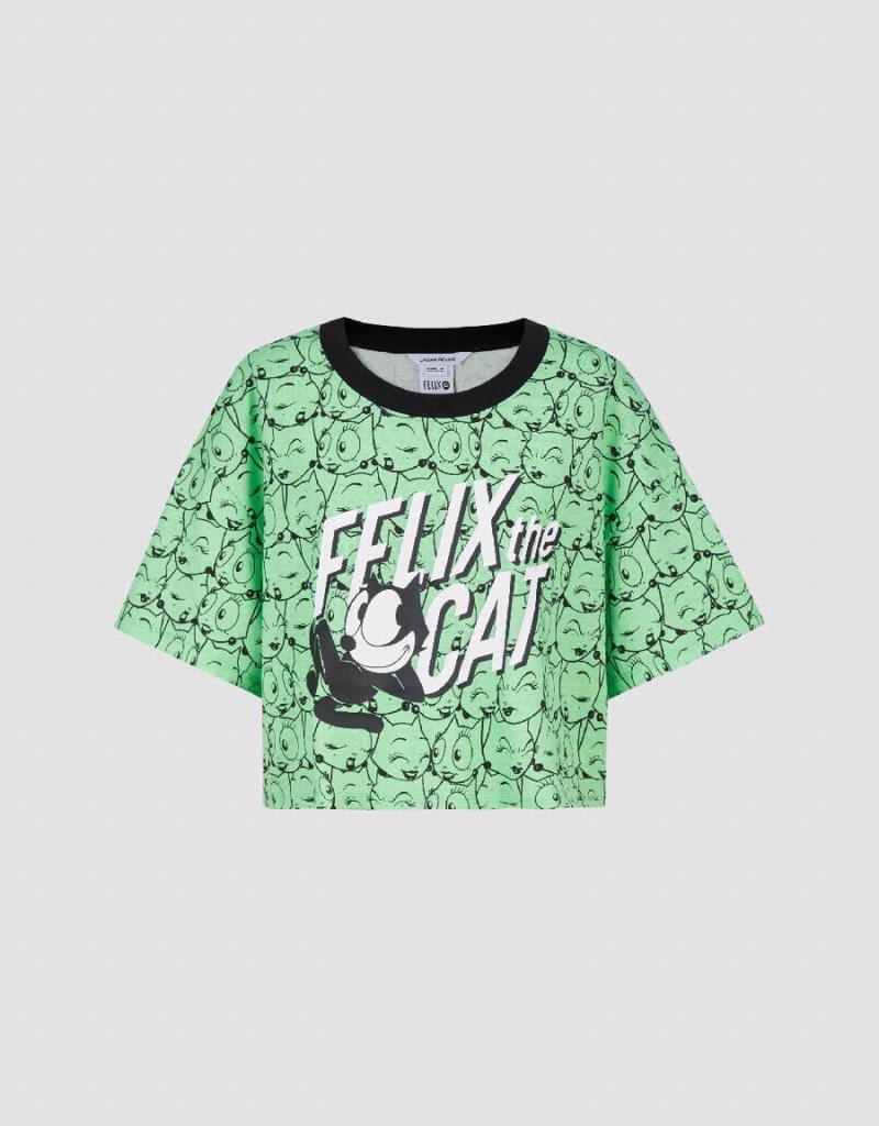 Urban Revivo Felix The Cat Printed Crew Neck Kadın Tişört Yeşil | CAI7771RN