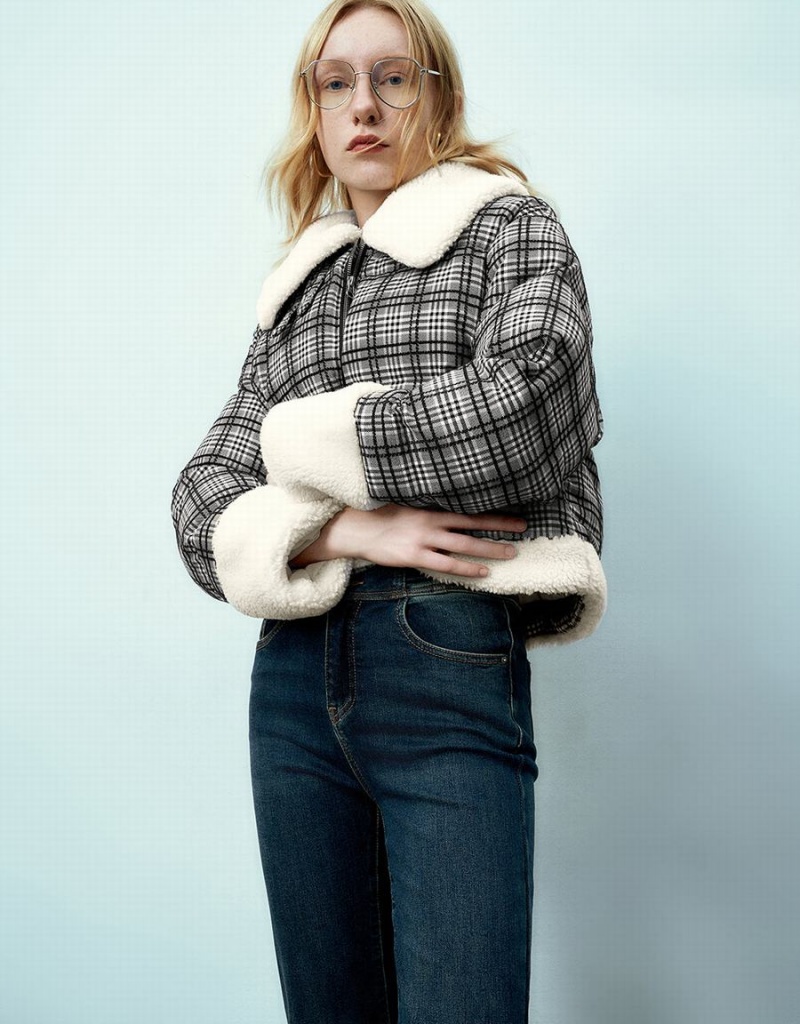 Urban Revivo Fermuarlı Front Plaid Furry Yastıklı Kadın Kaban Gri | IFH6828VN