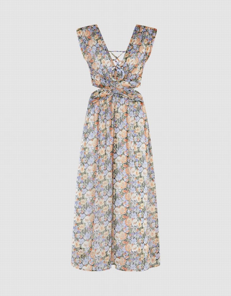 Urban Revivo Floral Cut Out Kolsuz Maxi Kadın Elbise Gri | TPG752JG