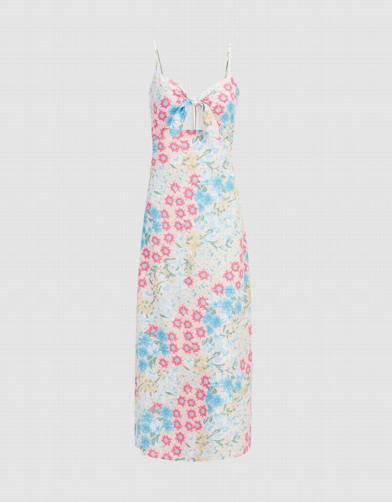 Urban Revivo Floral Print Tie Front Cut Out Cami Kadın Elbise Mavi | HXZ7211ZL