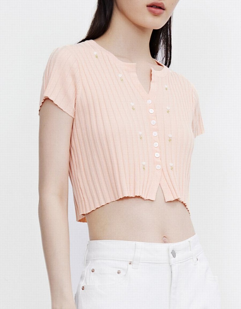 Urban Revivo Flower Cropped Knit Top Kadın Hırka Pembe | AYG696UM