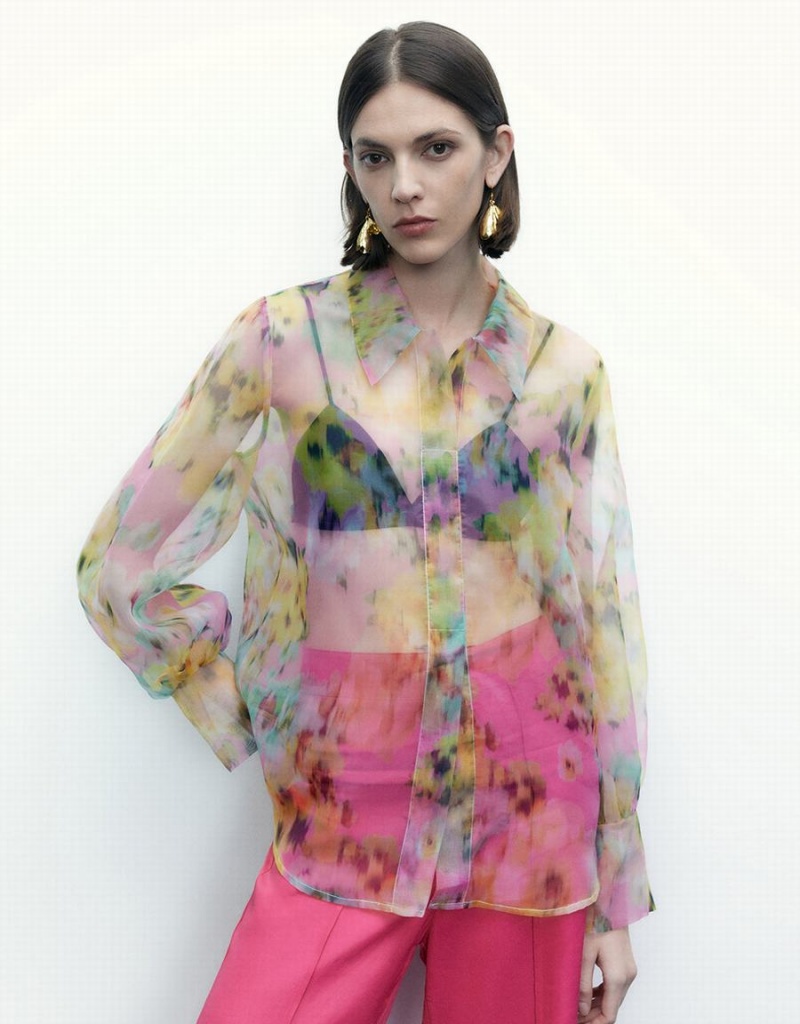 Urban Revivo Flowers Printed Sheer Overhead Kadın Bluz Renkli | NNK390KO