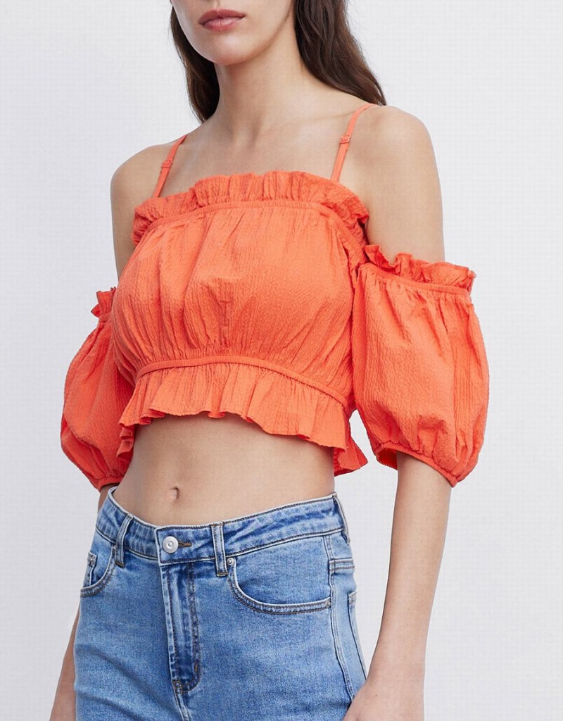 Urban Revivo Frill Trim Cold Shoulder Kadın Bluz Pembe | KVJ1975AG