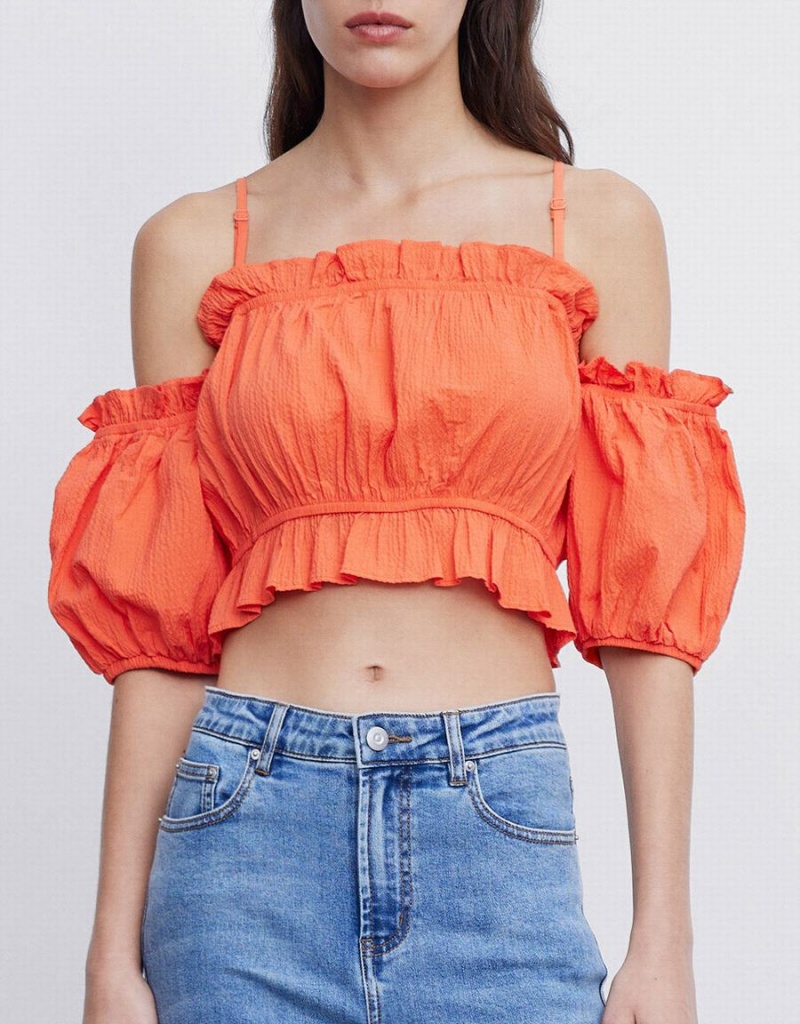 Urban Revivo Frill Trim Cold Shoulder Kadın Bluz Pembe | KVJ1975AG