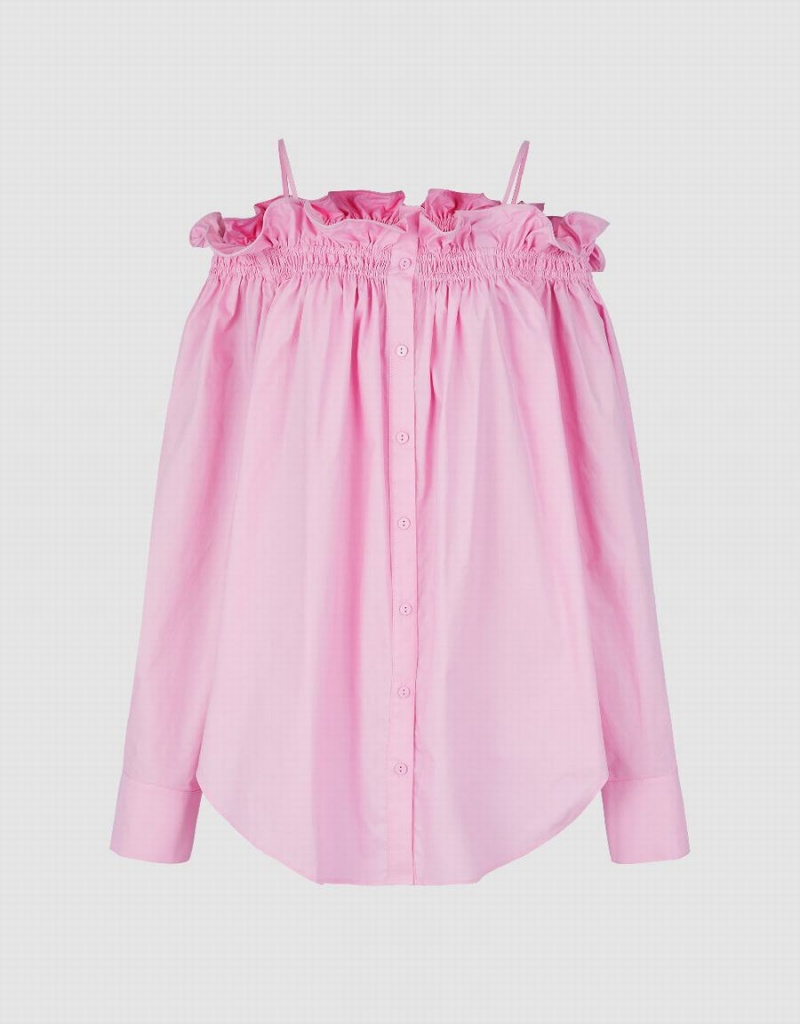 Urban Revivo Frill Trim Off-Shoulder Kadın Gömlek Pembe | RLZ795AJ