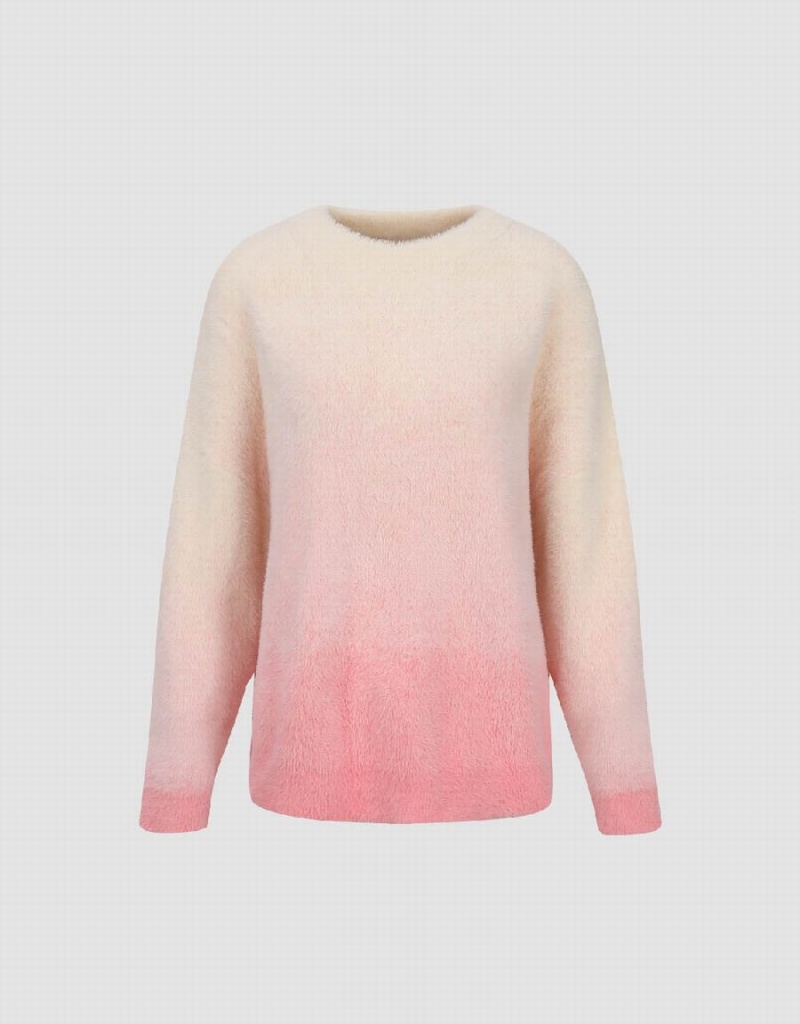 Urban Revivo Gradient Crew Neck Örme Kadın Hırka Beyaz Pembe | WPO1227MZ