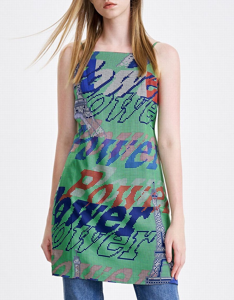 Urban Revivo Graffiti Print Cami Mini Kadın Elbise Yeşil | VHX6816QZ