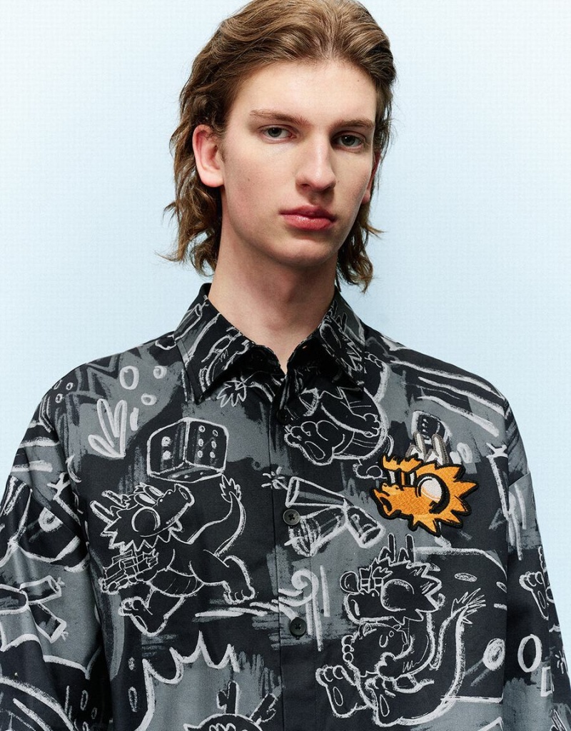 Urban Revivo Graffiti Printed Button Up Loose Erkek Gömlek Siyah | KVI6484YN