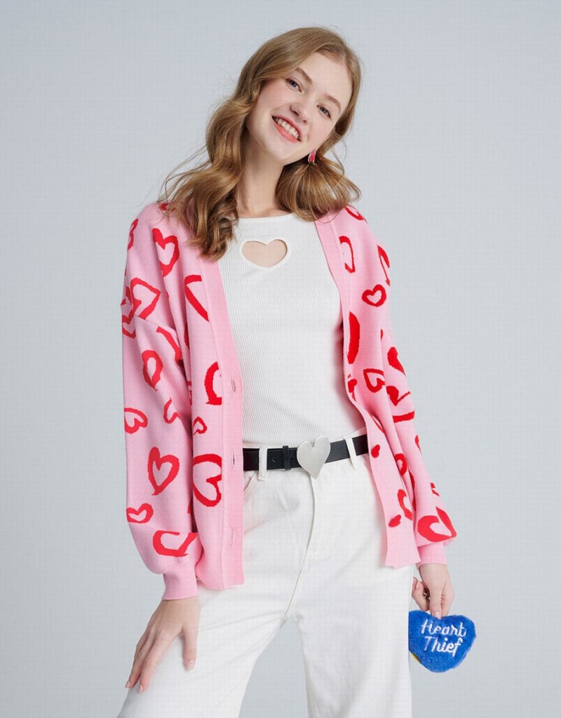 Urban Revivo Heart Pattern Jacquard Button Up Oversized Kadın Hırka Pembe | VBF9680EQ