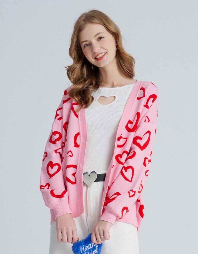 Urban Revivo Heart Pattern Jacquard Button Up Oversized Kadın Hırka Pembe | VBF9680EQ