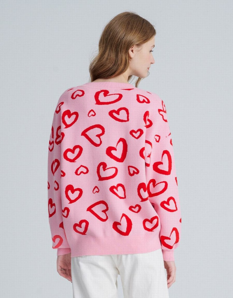 Urban Revivo Heart Pattern Jacquard Button Up Oversized Kadın Hırka Pembe | VBF9680EQ