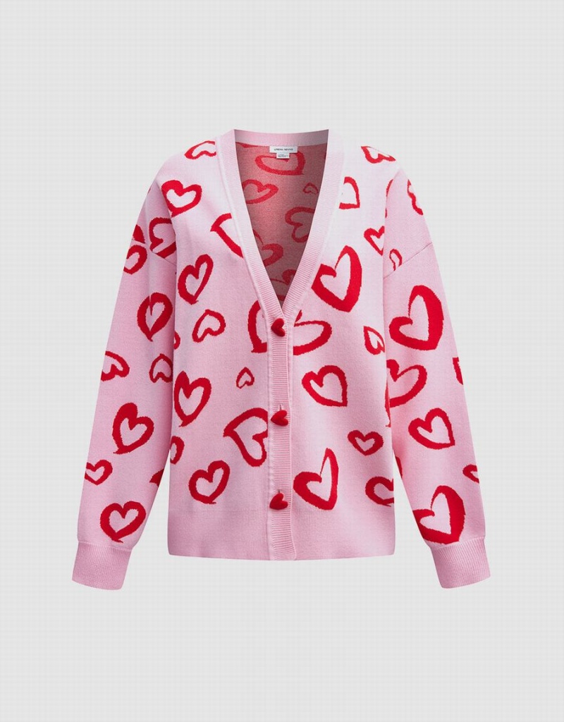 Urban Revivo Heart Pattern Jacquard Button Up Oversized Kadın Hırka Pembe | VBF9680EQ