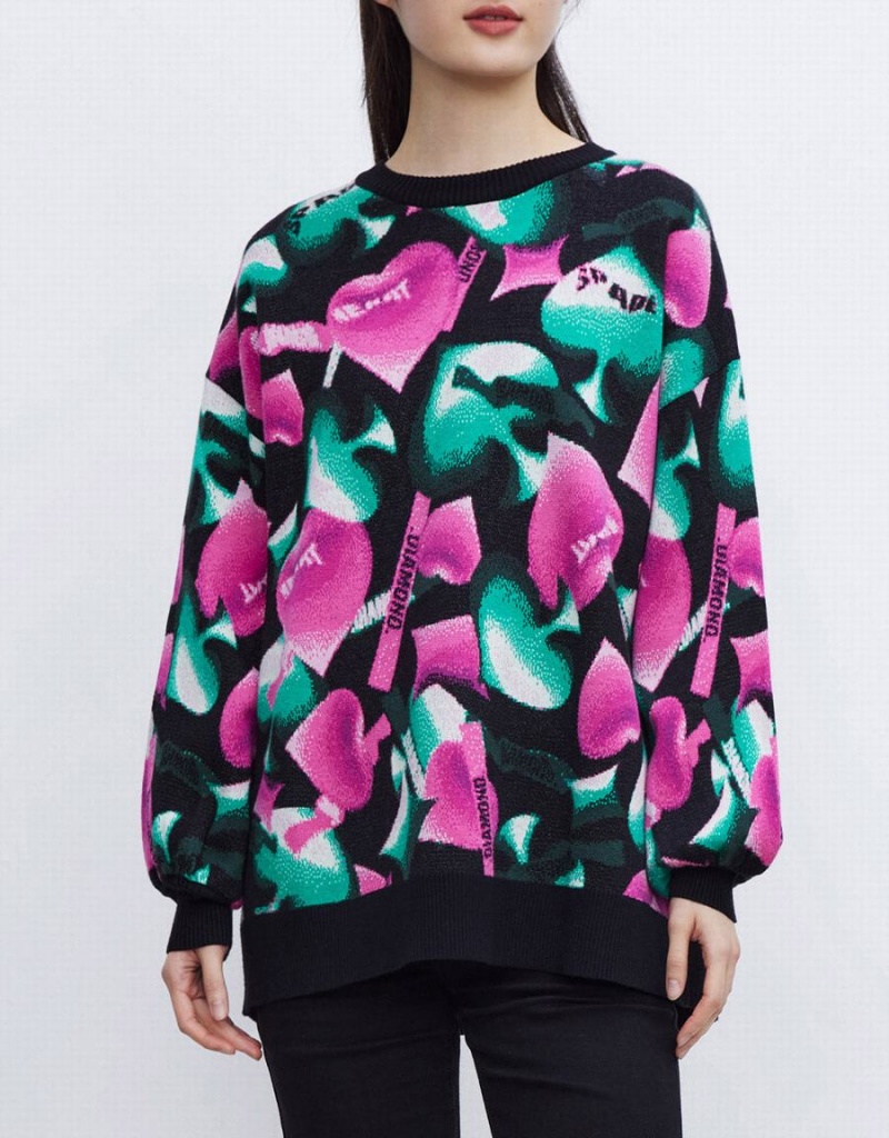 Urban Revivo Heart Pattern Oversized Kadın Kazak Pembe Yeşil Siyah | ZDN8988WF