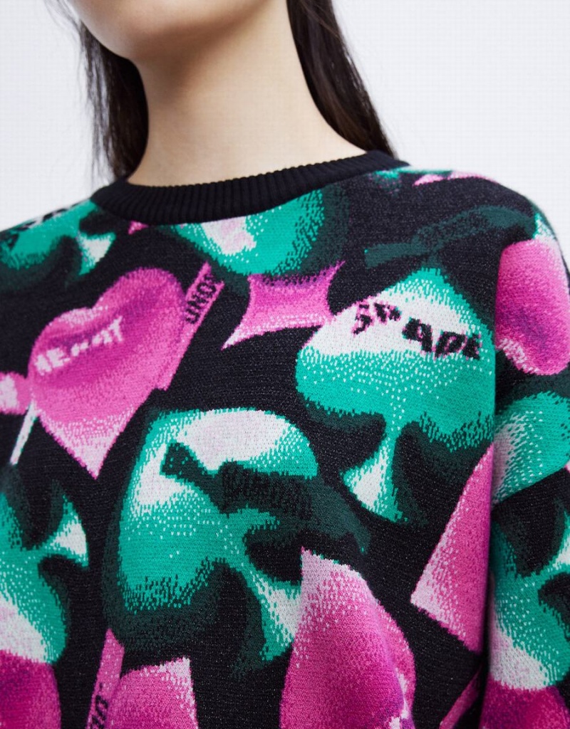 Urban Revivo Heart Pattern Oversized Kadın Kazak Pembe Yeşil Siyah | ZDN8988WF