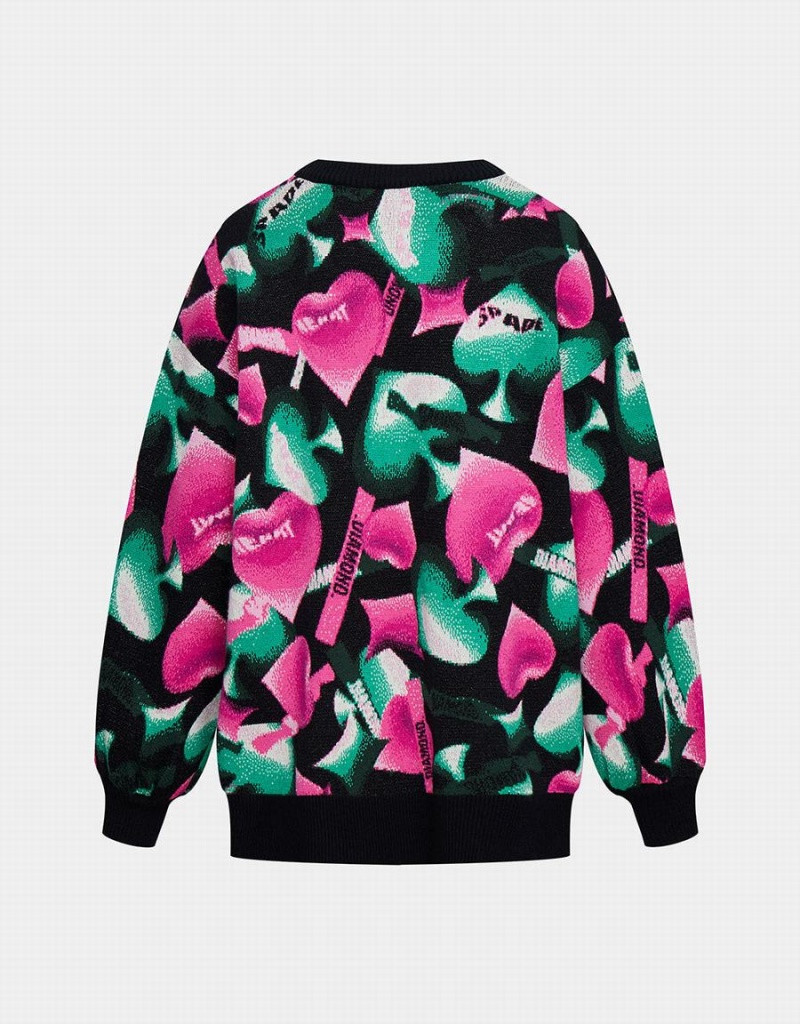 Urban Revivo Heart Pattern Oversized Kadın Kazak Pembe Yeşil Siyah | ZDN8988WF