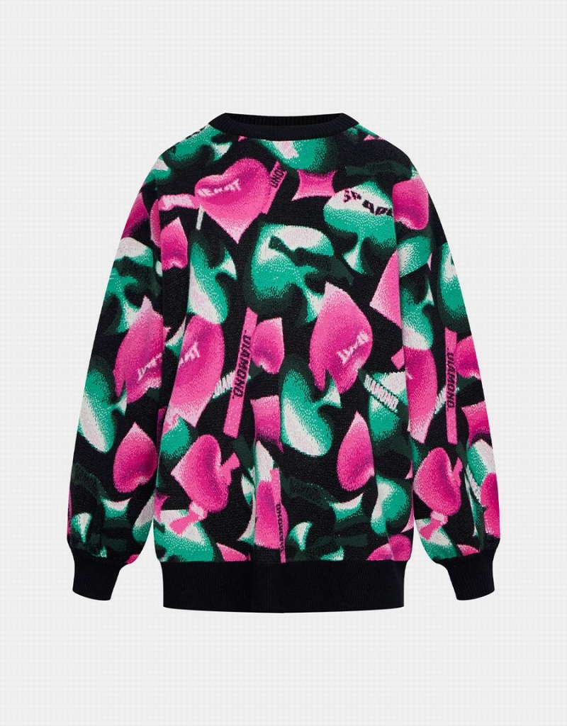 Urban Revivo Heart Pattern Oversized Kadın Kazak Pembe Yeşil Siyah | ZDN8988WF