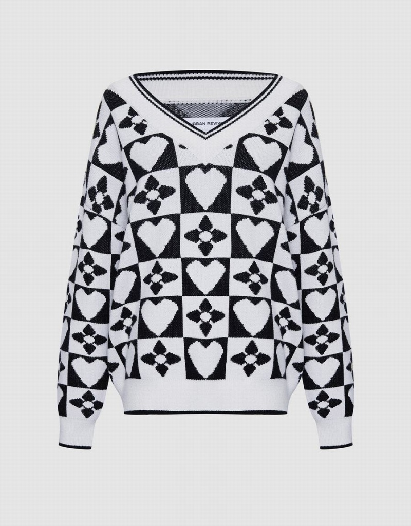 Urban Revivo Heart & Checkered Pattern Kadın Kazak Gri | RAT9238FH