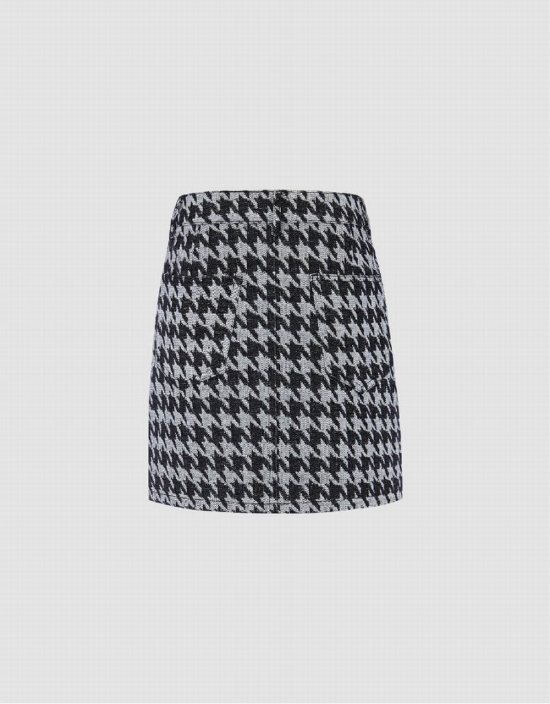 Urban Revivo Houndstooth Mini A-Line Denim Kadın Etek Gri | KAA1892TO