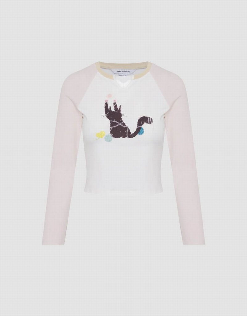 Urban Revivo Kitty Printed Raglan Sleeve Sıska Kadın Tişört Beyaz | DUG1456IJ