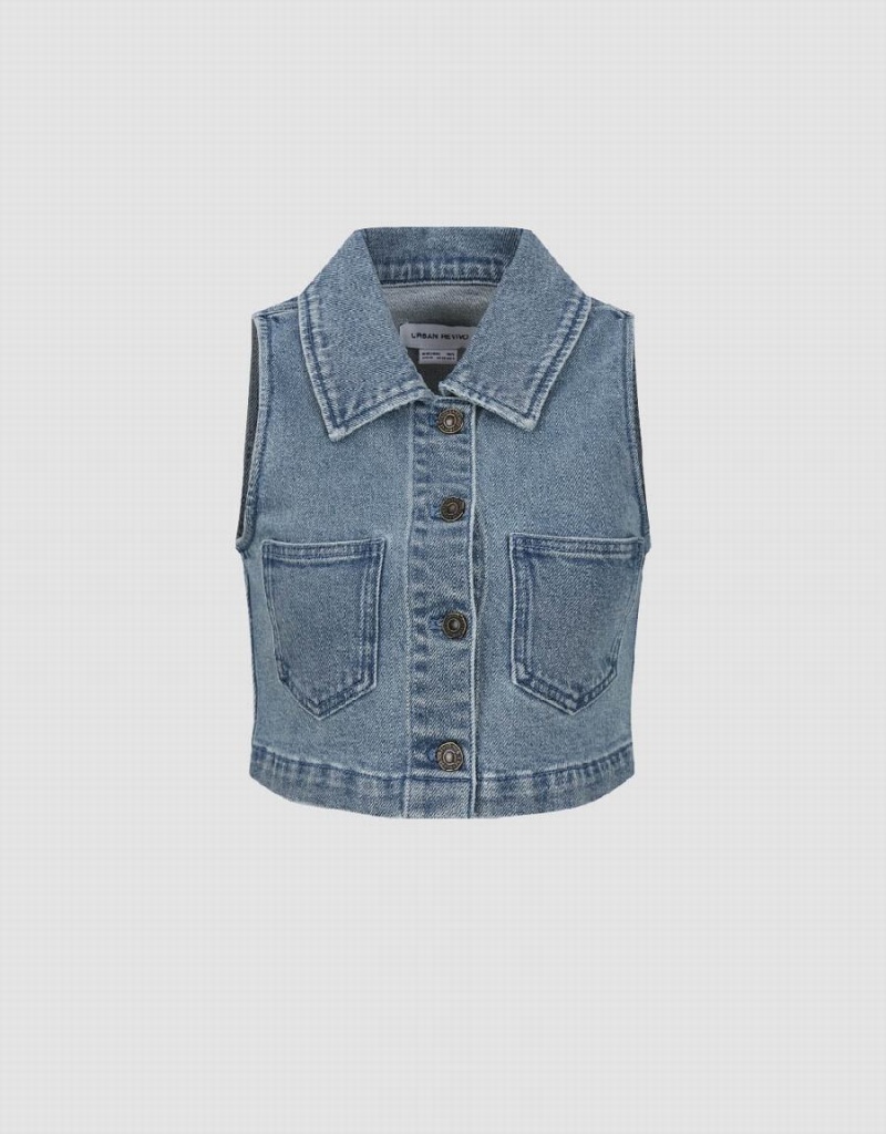 Urban Revivo Lapel Denim Waistcoat Kadın Bluz Mavi | YQB8994OP