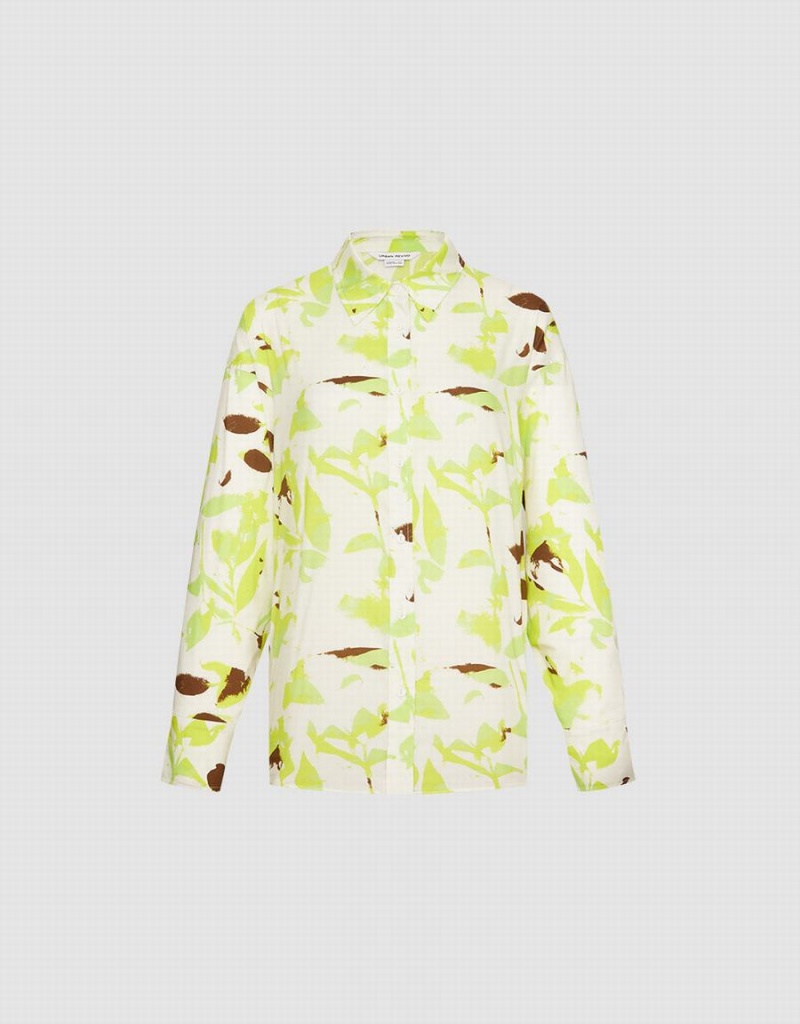 Urban Revivo Leaf Print Button Up Kadın Gömlek Yeşil | WSZ682EN