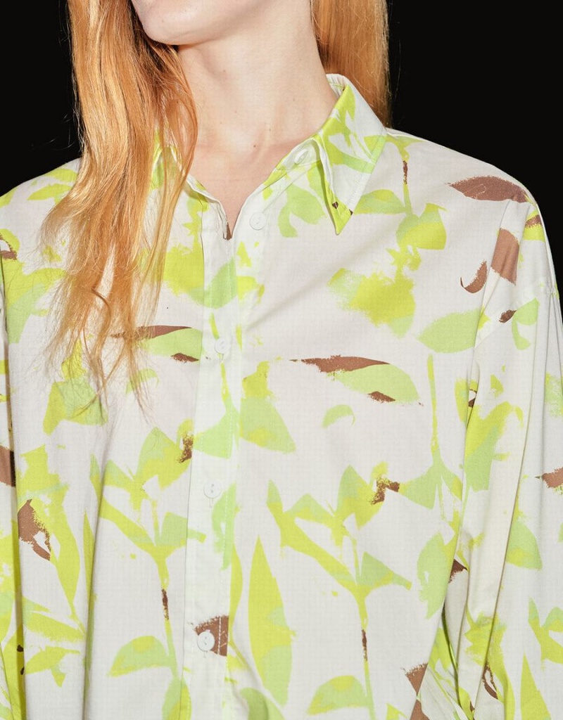 Urban Revivo Leaf Print Button Up Kadın Gömlek Yeşil | WSZ682EN