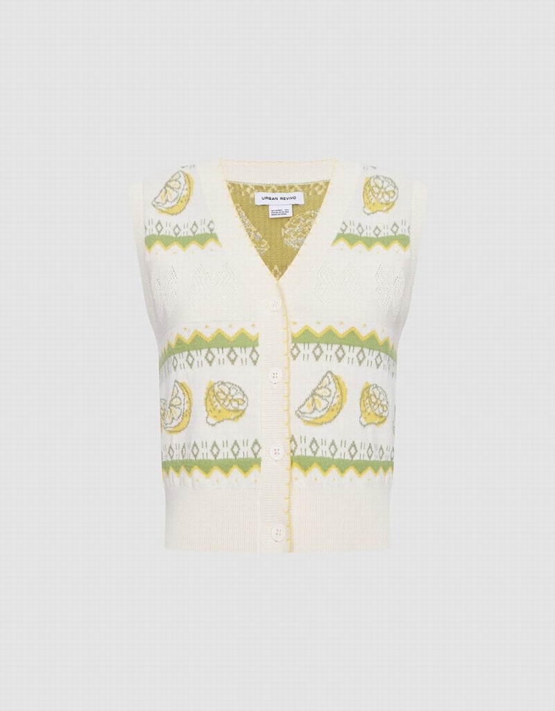 Urban Revivo Lemon Print Button Front Örme Kadın Atlet Beyaz | NRG6699PI