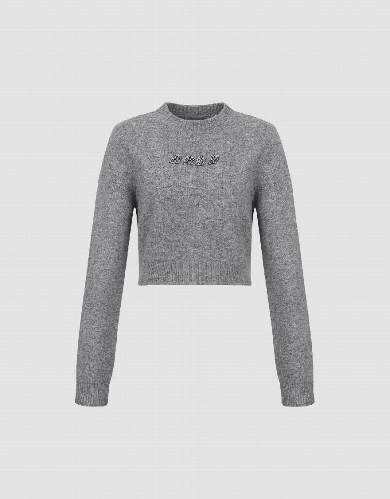 Urban Revivo Letter Embossed Crew Neck Örme Kadın Hırka Gri | YGC9189EI