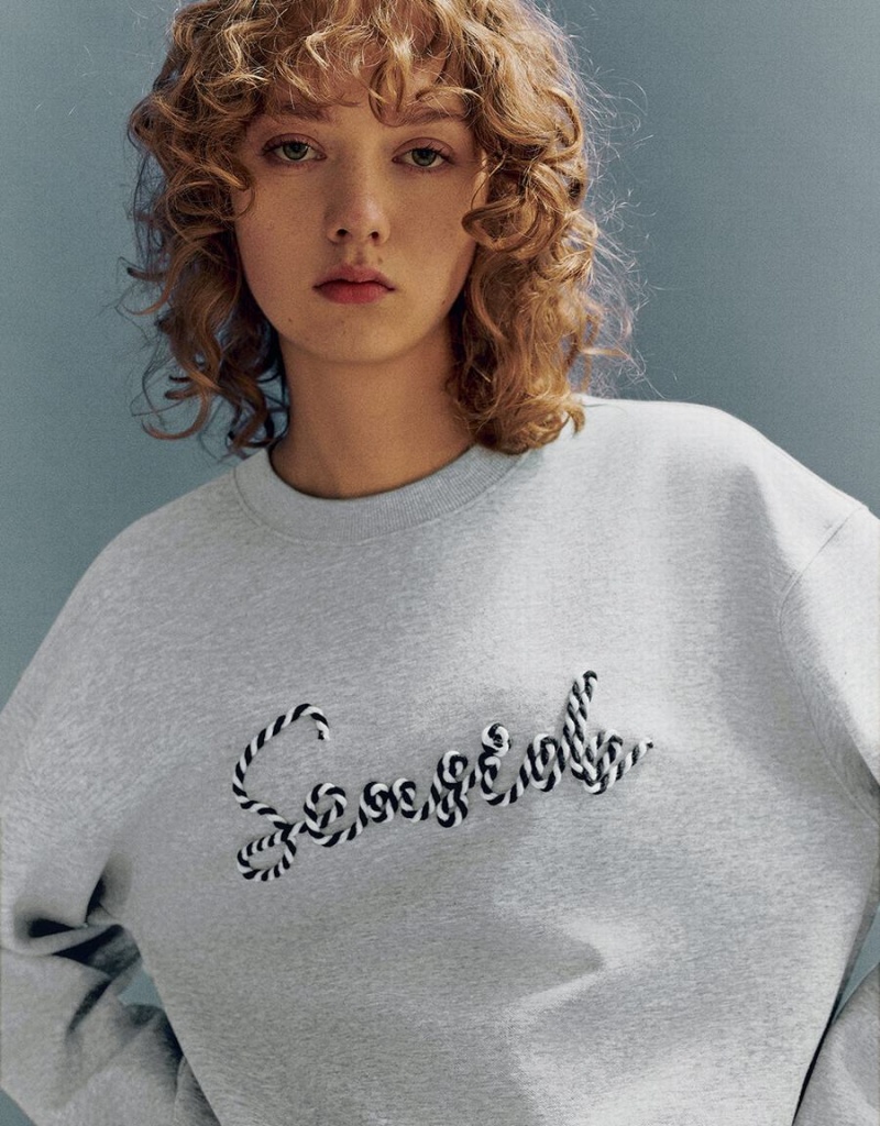 Urban Revivo Letter Embroidered Crew Neck Loose Kadın Tişörtü Açık Gri | LQP8880OJ