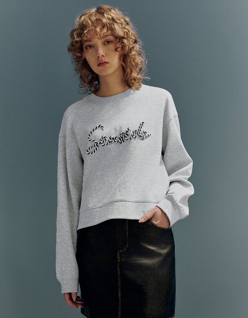 Urban Revivo Letter Embroidered Crew Neck Loose Kadın Tişörtü Açık Gri | LQP8880OJ