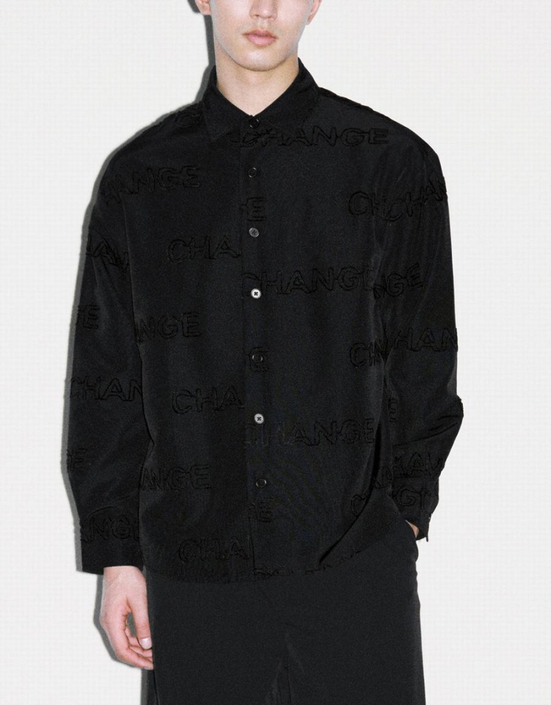 Urban Revivo Letter Printed Button Up Oversized Erkek Gömlek Siyah | KWG7159WW