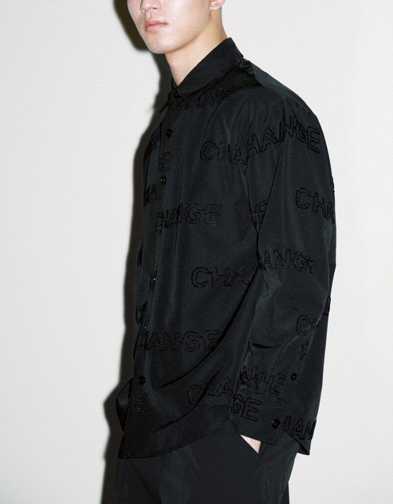 Urban Revivo Letter Printed Button Up Oversized Erkek Gömlek Siyah | KWG7159WW