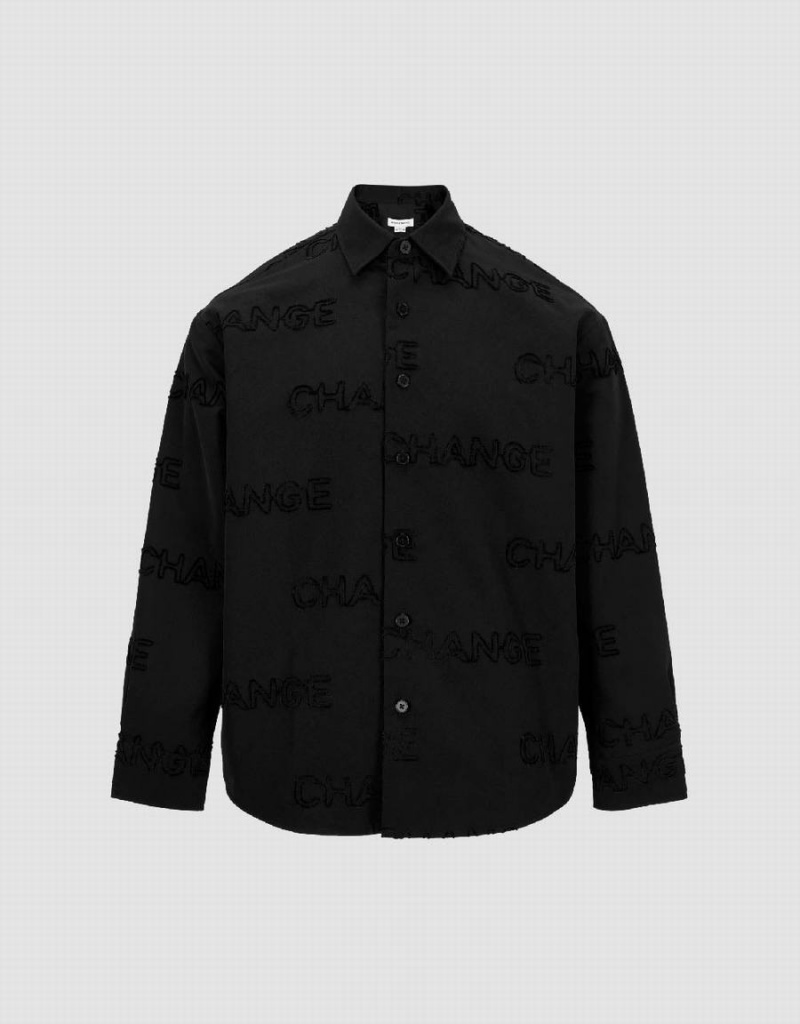 Urban Revivo Letter Printed Button Up Oversized Erkek Gömlek Siyah | KWG7159WW