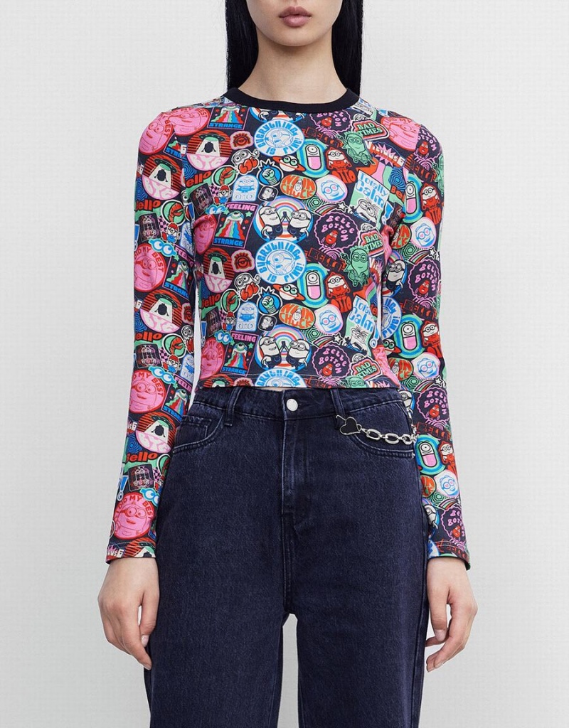 Urban Revivo Minions Long Sleeve Print Kadın Tişört Gri | NPV5942ZG