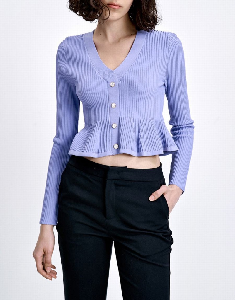 Urban Revivo Nervürlü Knit Button Front Örme Top Kadın Hırka Mavi | HQY9762GU