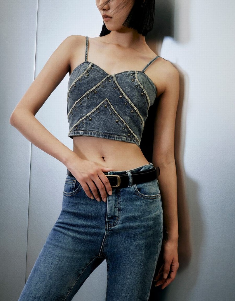 Urban Revivo Off-Shoulder Denim Cami Top Kadın Gömlek Mavi | ASB8090BH