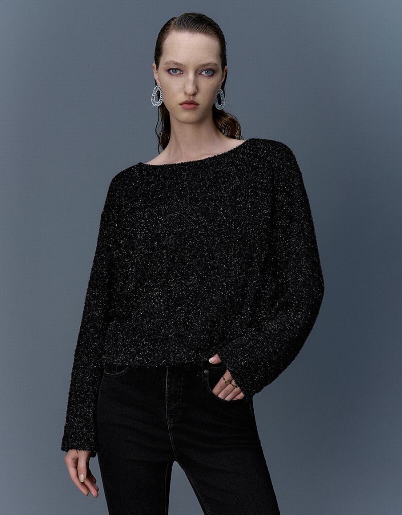 Urban Revivo Off-Shoulder Düz Loose Kadın Tişört Siyah | LZG6154IL