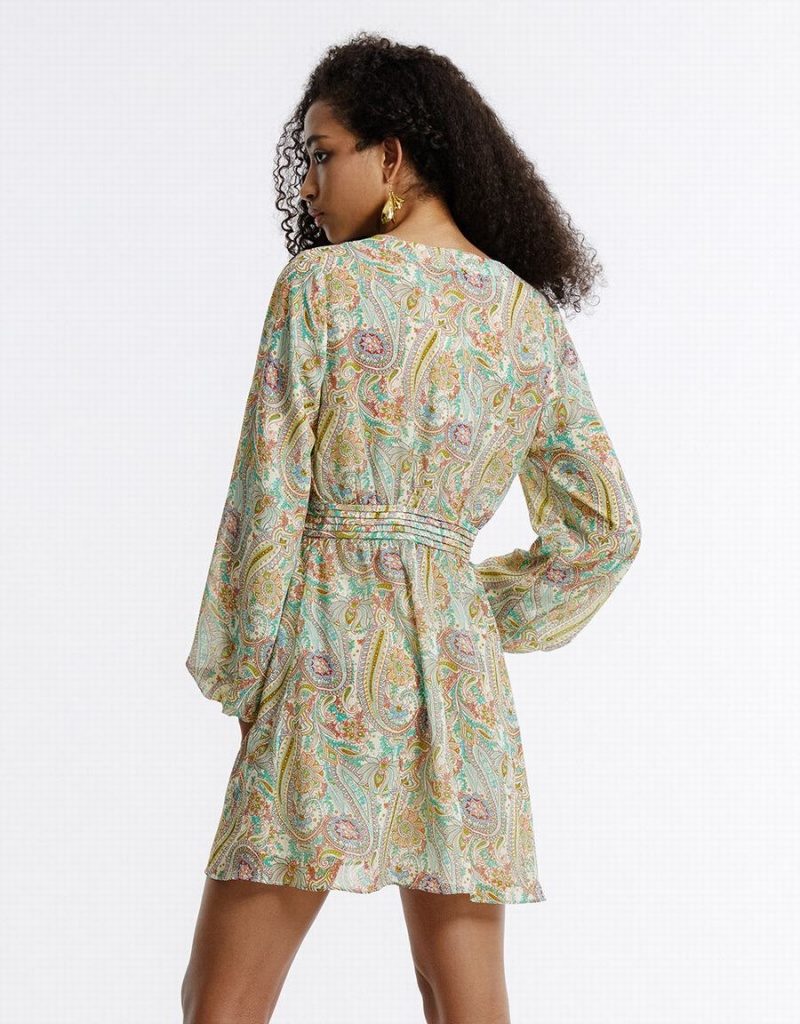 Urban Revivo Paisley Print Chiffon Kadın Elbise Yeşil | QBM3615MC