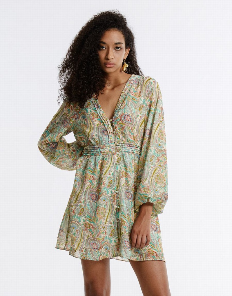 Urban Revivo Paisley Print Chiffon Kadın Elbise Yeşil | QBM3615MC